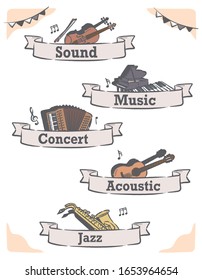 Music themed vector labels with musical instruments.