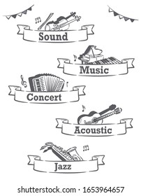 Music themed vector labels with musical instruments.