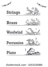 Music themed vector labels with orchestra instruments, including woodwind, strings, brass, piano, percussion.