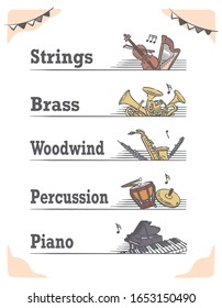 Music themed vector labels with orchestra instruments, including woodwind, strings, brass, piano, percussion.