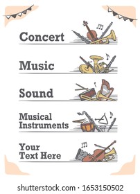 Music themed vector labels with orchestra instruments.