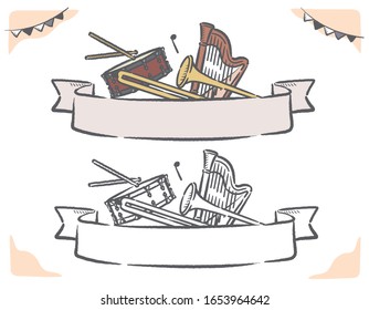Music themed vector labels with orchestra instruments.