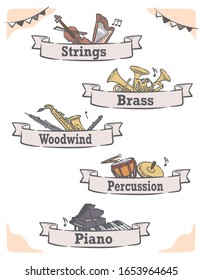 Music themed vector labels with orchestra instruments, including woodwind, strings, brass, piano, percussion.