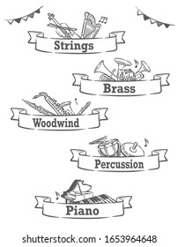 Music themed vector labels with orchestra instruments, including woodwind, strings, brass, piano, percussion.