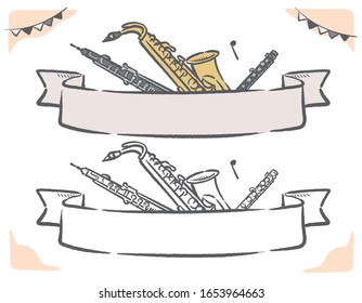 Music themed vector labels with woodwind instruments.