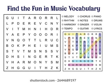 Quebra-cabeça de busca de palavras com tema musical para crianças. Apresenta palavras de vocabulário como guitarra, melodia, harmonia, cantor e ritmo.