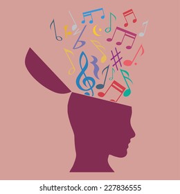 Music Therapy Concept, Musical Notes In The Head. Flat Design