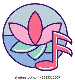Music Therapy icon represented by music symbol, lotus Lineal Color style.