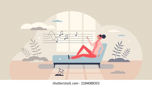 Music therapy and listening for psychological treatment tiny person concept. Anxiety and depression mind cure with sound frequencies and calm sounds for mental serenity experience vector