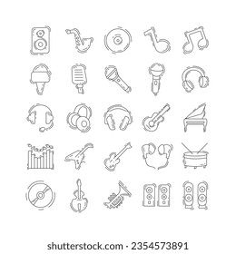 Music thin line icon set with with musical instruments, equalizer, earphones