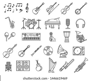 Music thin line icons of musical instruments and sound equipment vector design. Microphone, piano and guitar, saxophone, drums and loudspeakers, musical notes, treble clef, headphones, vinyl player