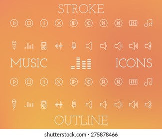 Music thin line, outline and stroke icons set. Simple musical pictogram design. Isolated on stylish orange party background. Sound record, digital studio symbols and elements. Vector illustration