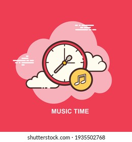 Music time with clock timer with white clouds on red background flat concept design