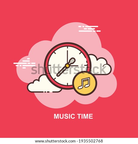 Music time with clock timer with white clouds on red background flat concept design