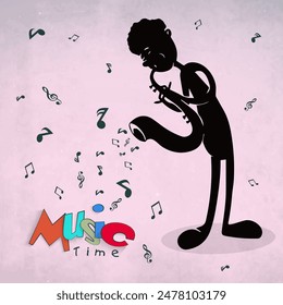 Music Time Poster Design with Black Silhouette Man Playing Saxophone on Music Notes Pink Background.