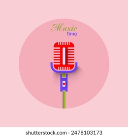 Music Time Poster Design with Creative Studio Microphone on Pastel Pink Background.