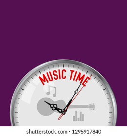 Music Time. White Vector Clock with Motivational Slogan. Analog Metal Watch with Glass. Vector Illustration Isolated on Solid Color Background. Guitar, Notes and Equalizer Icon.