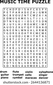 E Música Tempo Palavra Pesquisar Puzzle Com Instrumento Musical E Palavras Singer Wordsearch