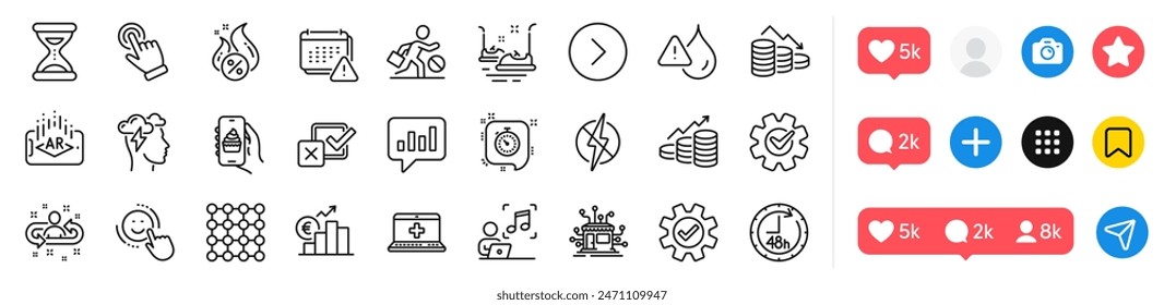 Music, Timer and Mindfulness stress line icons pack. Social media icons. 48 hours, Medical help, Cogwheel web icon. Euro rate, Notification, Food app pictogram. Vector