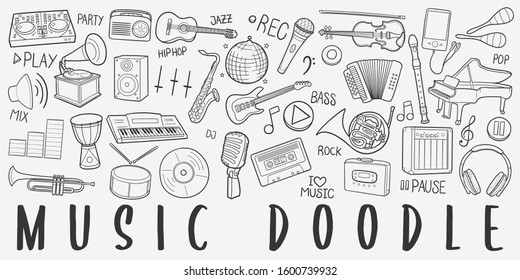 Music Tools Doodle Line Art Illustration. Hand Drawn Vector Clip Art. Banner Set Logos.