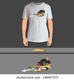 Music tools printed on white shirt. Vector design 