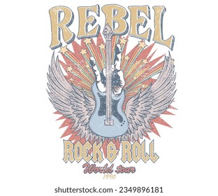 Music tour poster artwork. Eagle wing with guitar t-shirt design. Rock and roll vector graphic print design for apparel, stickers, posters, background and others. Human hand.