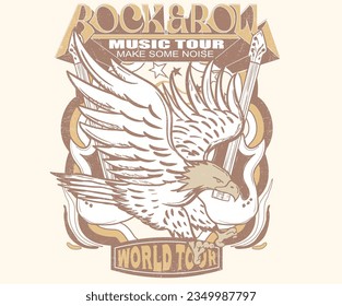 Music tour poster artwork. Eagle  t-shirt design. Rock and roll vector graphic print design for apparel, stickers, posters, background and others.