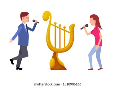 Music tournament vector, singers man and woman with gold trophy in form of harp. Competition musical performance, instrument reward prize for songs
