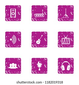 Music transmission icons set. Grunge set of 9 music transmission vector icons for web isolated on white background