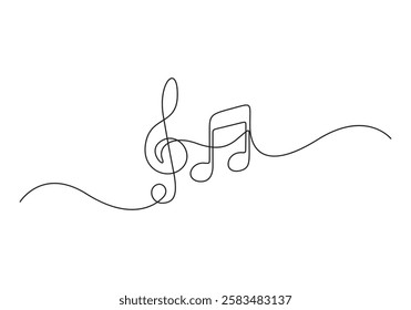 Music and treble clef continuous single line drawing vector illustration