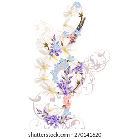 Music treble clef decorated by flowers