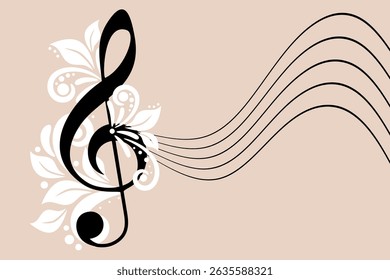 Music treble clef with floral pattern. Beautiful black treble clef with decorative floral and swirl elements on delicate background for music, art and design concepts.