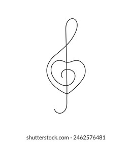 Music treble clef with heart love, continuous one art line drawing. Music concept. Hand drawn doodle sketch. Vector illustration