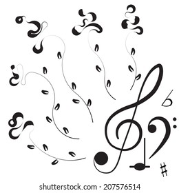 Music. Treble clef and notes for your design on a white background for you design.