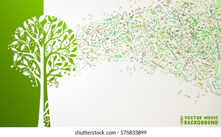 Music tree background. Music notes and treble clefs on tree. Music wave background. Green and white vector illustration. 