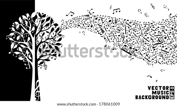 Music\
tree background. Music notes and treble clefs on tree. Music wave\
background. Black and white vector\
illustration.