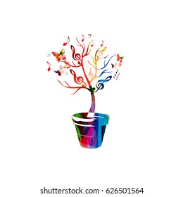 Music tree with notes background. Colorful music notes tree isolated vector illustration