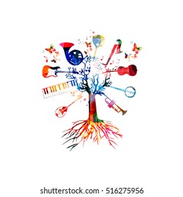 Music tree vector illustration, music instruments background, guitar, piano keyboard, french horn, saxophone, trumpet, violoncello, contrabass, banjo, traditional Portuguese guitar and bouzouki 
