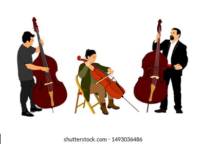 Music trio, woman cellist playing cello with contrabass man duet vector. Classic music event artists play string instrument in orchestra. Jazz street performer. Musicians double bass band on stage. 