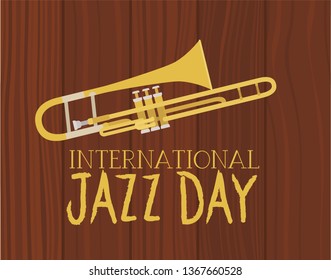 music trombone in frame with wooden background