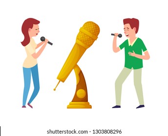 Music trophy vector, gold award microphone and singers. Entertainment contestant of woman and man singing with miles. Reward for best song contest