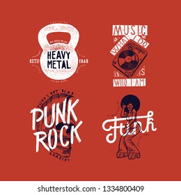 Music T-shirt Print Design Set: Heavy Metal Kettlebell, Music Is What I Do - Turntable DJ, Punk Rock Mohawk Skull, Funk Girl Afro Haircut 80s Girl.