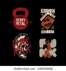 Music t-shirt print: Heavy metal - kettlebell, music is what i do - turntable, punk rock skull, funk girl