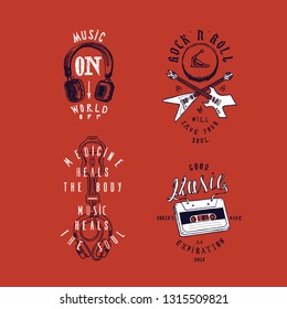 Music t-shirt print set: Music on - world off, rock'n'roll will save your soul, medicine heals the body - music heals the soul, good music doesn't have an expiration date.