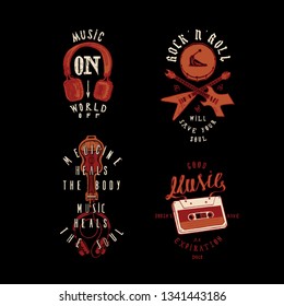 Music t  shirt print set: Music    world off headphones  rock'n'roll will save your soul    crossed guitars   drum  music heals your soul  good music tape cassette
