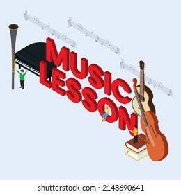 Music tutorial and lesson isometric 3d vector illustration concept - Young people playing musical instruments and singing