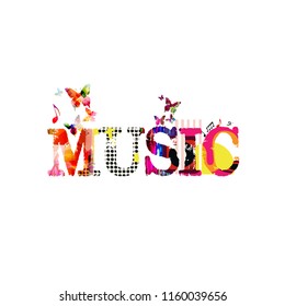 Music typographic colorful background vector illustration. Artistic music festival poster, live concert, creative banner design. Word music