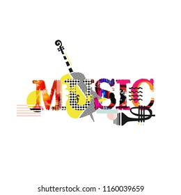 Music typographic colorful background with violoncello and trumpet vector illustration. Artistic music festival poster, live concert, creative banner design. Word music with music instruments