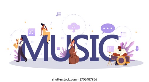 Music typographic concept. Modern rock pop or classical performer, musician or composer. Young performer playing music with professional equipment. Vector illustration.