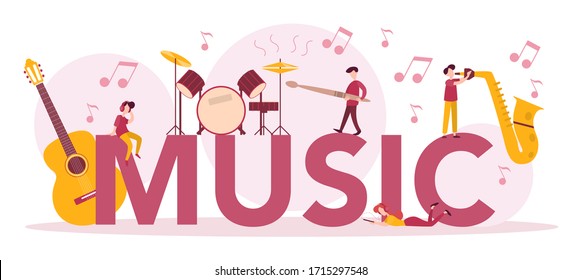 Music typographic header concept set. Young performer playing music with professional equipment. Talented musician playing musical instrumentss. Vector illustration.